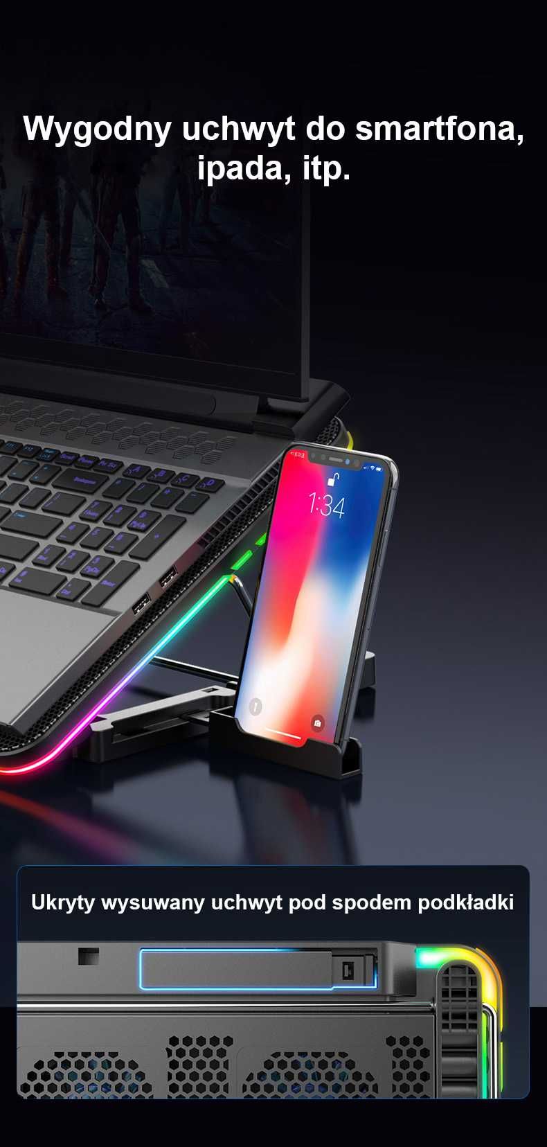 PODSTAWKA CHŁODZĄCA POD LAPTOP-A 12-16'' RGB LED + stojak na telefon