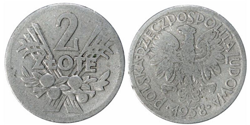 Монета 2 злотых (алюминий, Польша) 2 zlote 1958 год — редкая