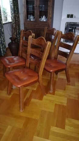 Krzesła 4 szt. komplet dębowe dąb skóra naturalna kasztanowa vintage