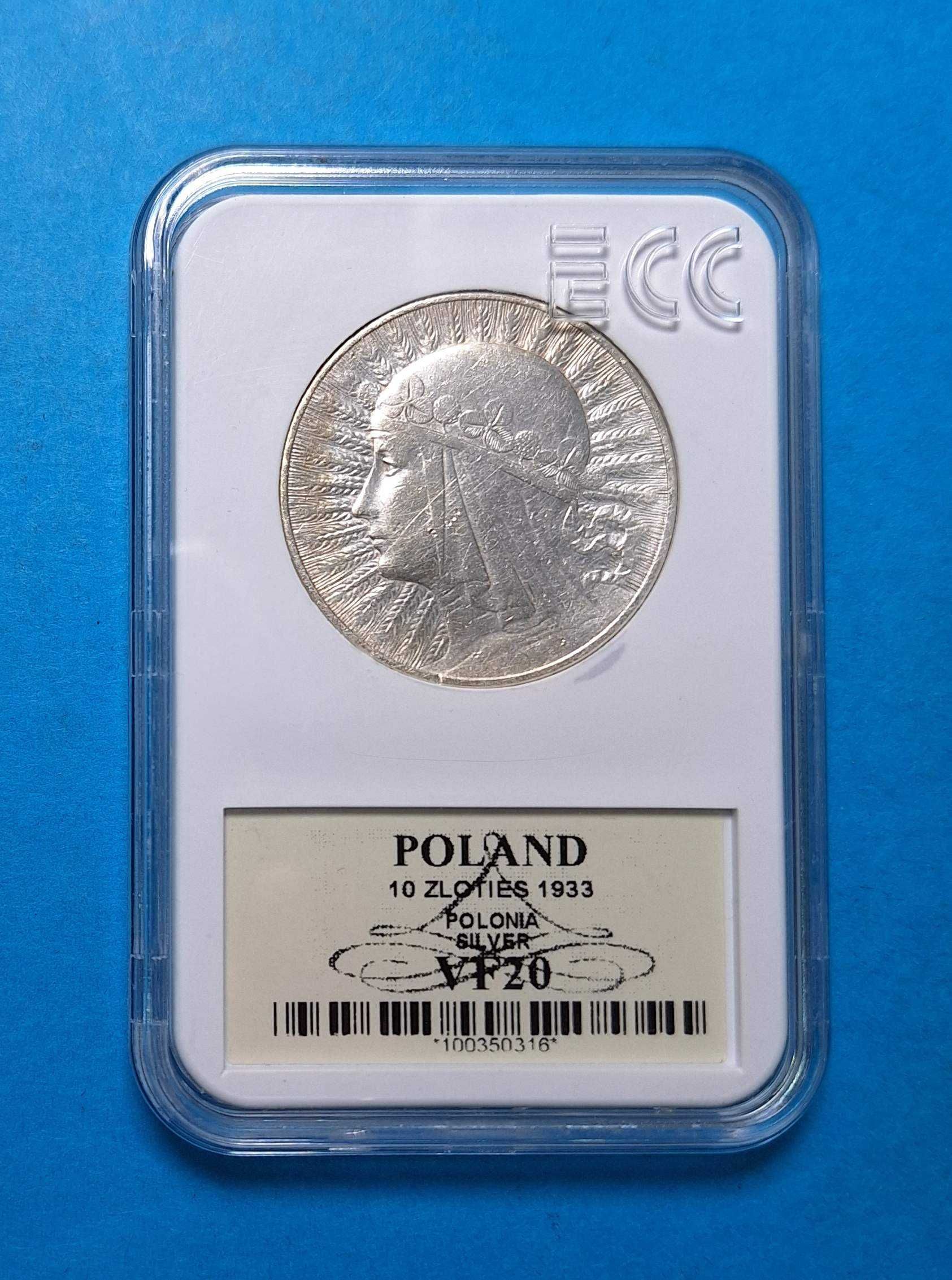 Polska II RP 10zł 1933 Polonia, babka, bdb stan, GRADING, srebro 0,750