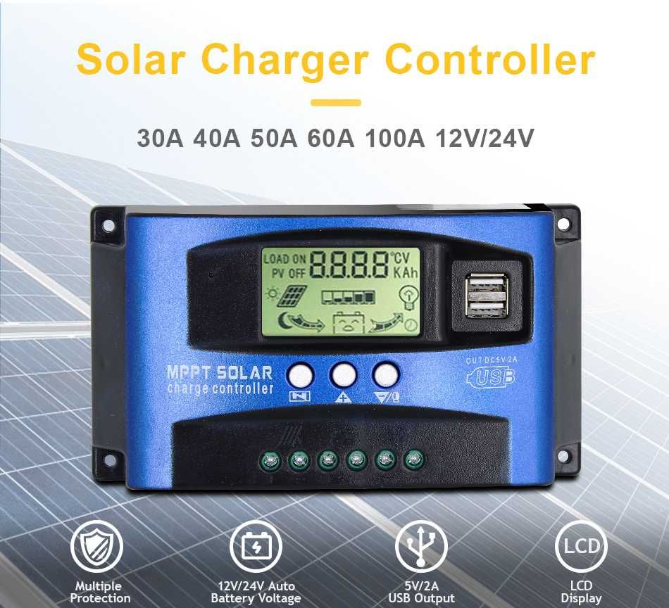 Controlador de carga sol mpp 100a display lcd usb duplo 12v 24v