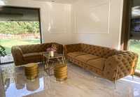 Kanapa sofa 3+2stolik pufy chesterfield meble glamour pikowane miodowy