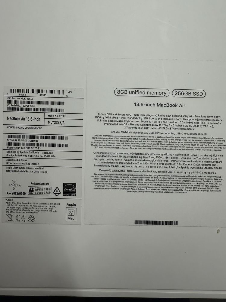 Apple Macbook Air 13 A2681 MLY33ZE/A 8GB 256GB SSD