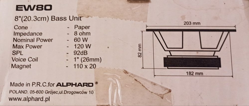 Głośnik nowy niskotonowy Alphard EW80