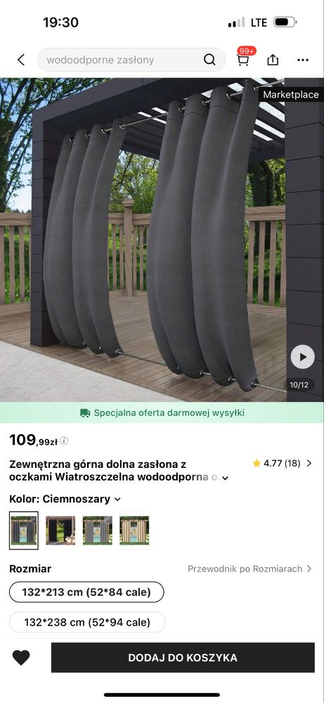 Zasłony zewnętrzne taras altana 132x213 cm szare 2 szt