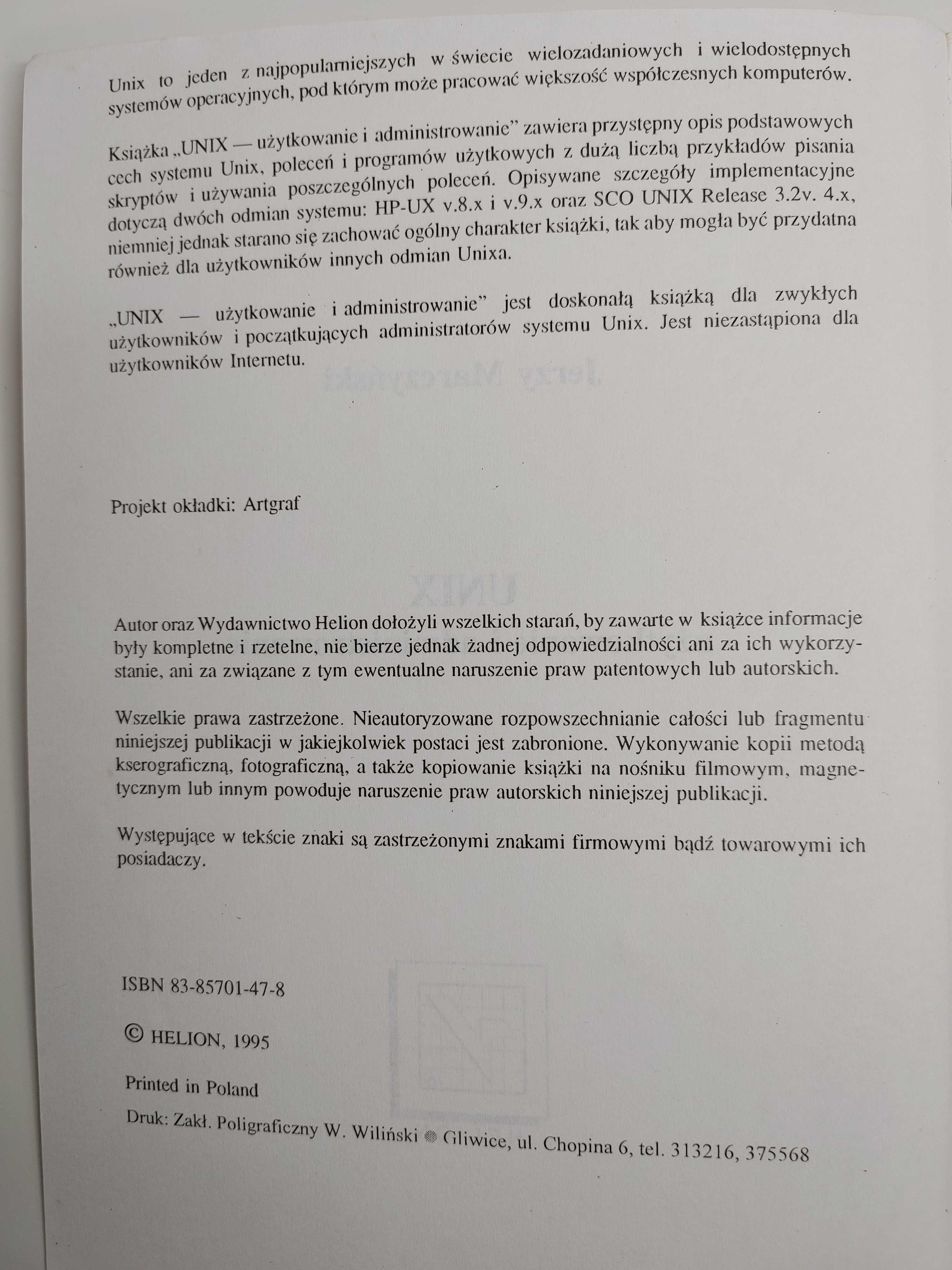 Książka UNIX - użytkowanie i administrowanie - Jerzy Marczyński