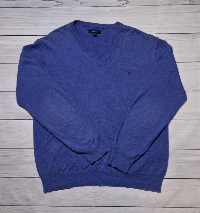 Sweterek męski Gant, v-neck, w serek, 100% bawełna, logo, premium