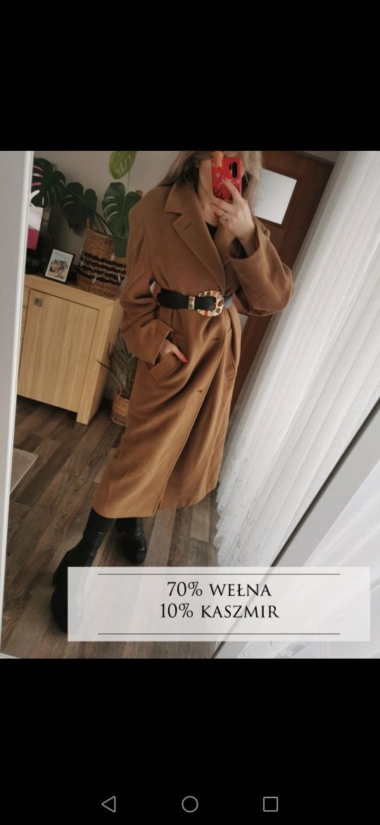 Brązowy płaszcz klasyczny długi 52 wełna kaszmir camel coat wool cashm