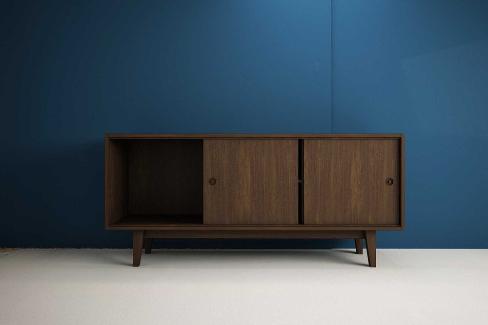 Komoda Vintage drewniana 160cm, przesuwne drzwi w stylu lat 60-tych