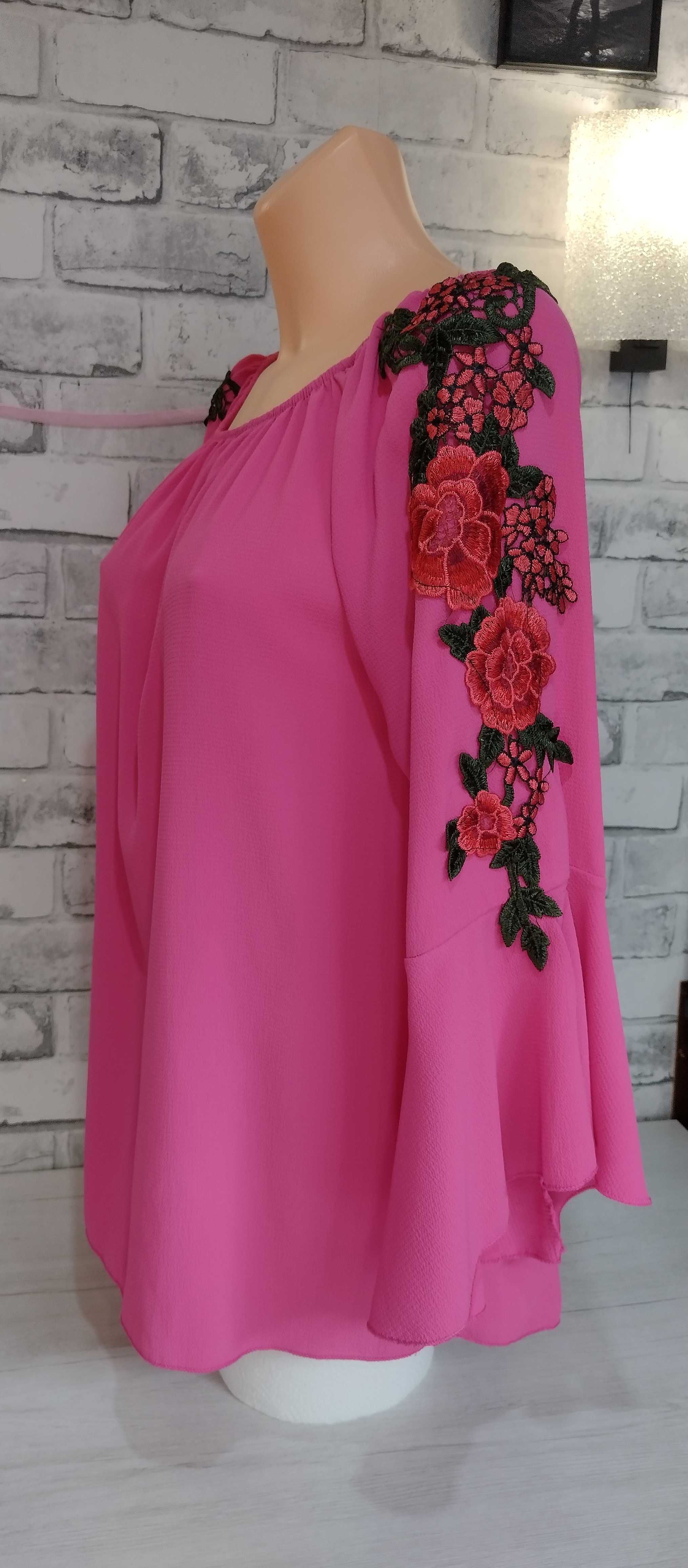 różowa zwiewna tunika bluzka bluzeczka rękaw 3/4 dzwon oversize S-XL