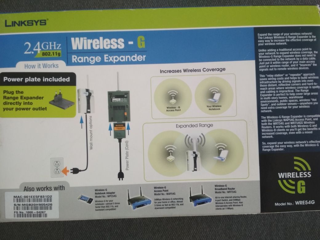 Router Linksys Range Expander WRE54G 2.4 GHZ