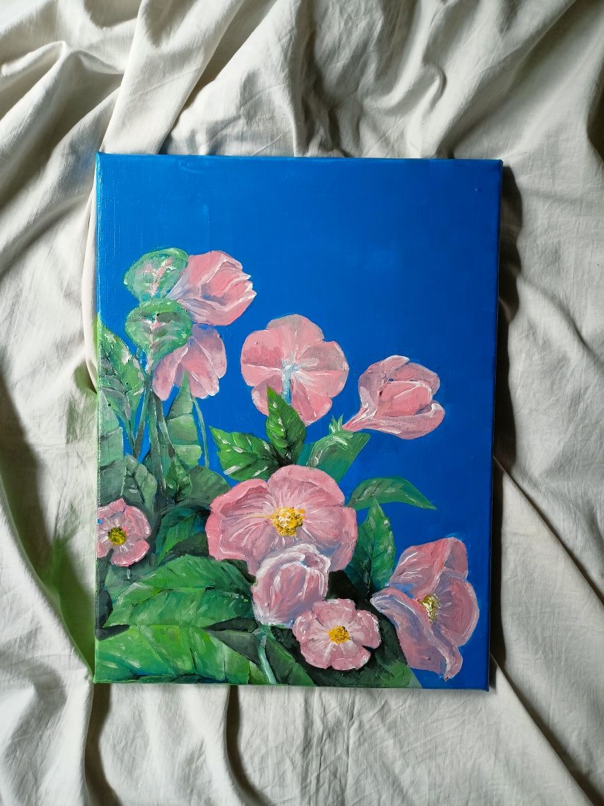 Obraz handmade kontrast kwiaty różowe a3 ręcznie malowany