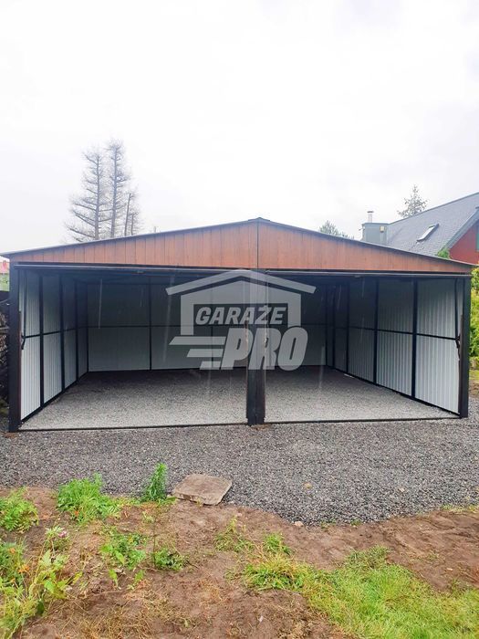 Garaż blaszany 6x7 2x Brama drewnopodobny dwuspadowy  GP150