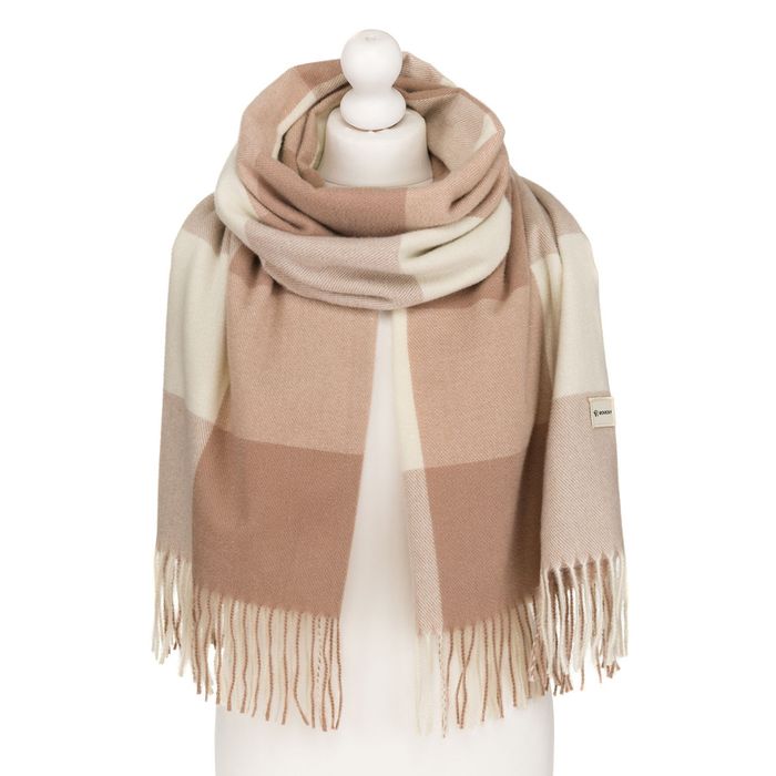 duży, jasnobrązowy szal damski ozdobiony frędzlami - rovicky