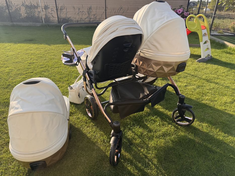 Wózek bliźniaczy Junama Duo Diamond Satin Mirror Rose Gold cały zestaw