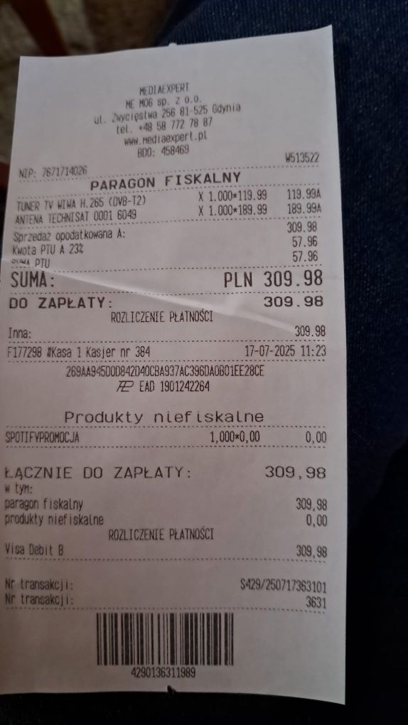 Antena telewizyjna Nowa z paragonem