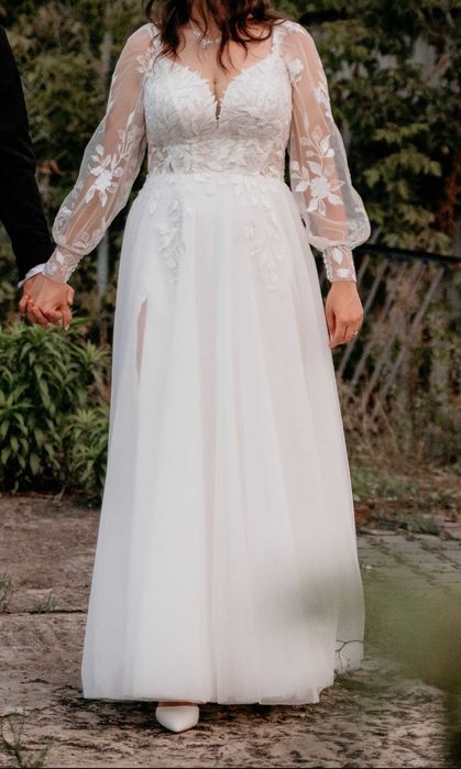 Suknia ślubna bez trenu, koronkowa, Boho