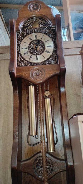 Unikatowy zegar podłogowy stojący skrzynia dębowa