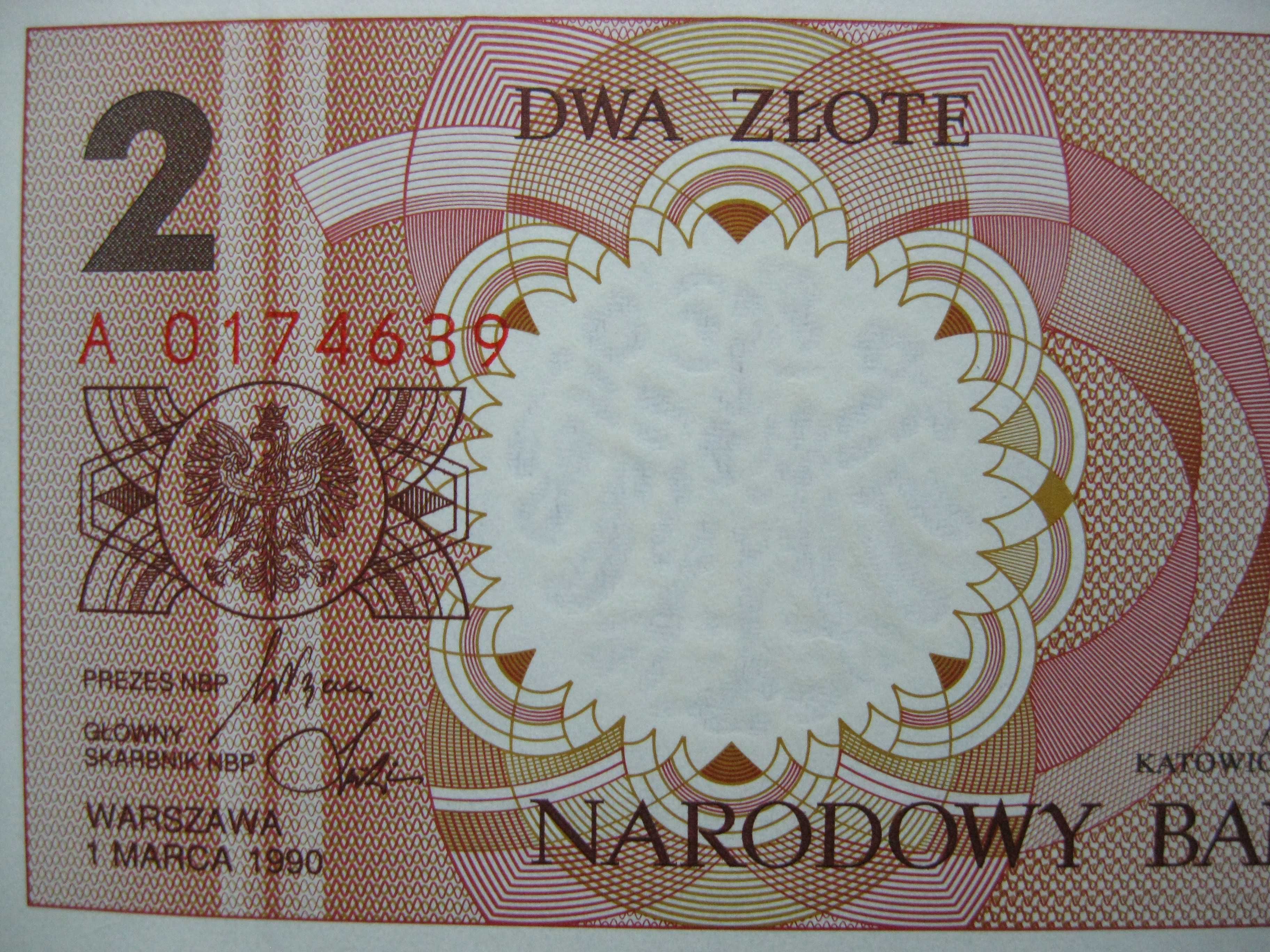 Banknot NBP MIASTA POLSKIE 2 złote 1990 rok seria A Katowice UNC