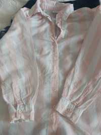 Lniana koszula oversizowa bialo-różowa