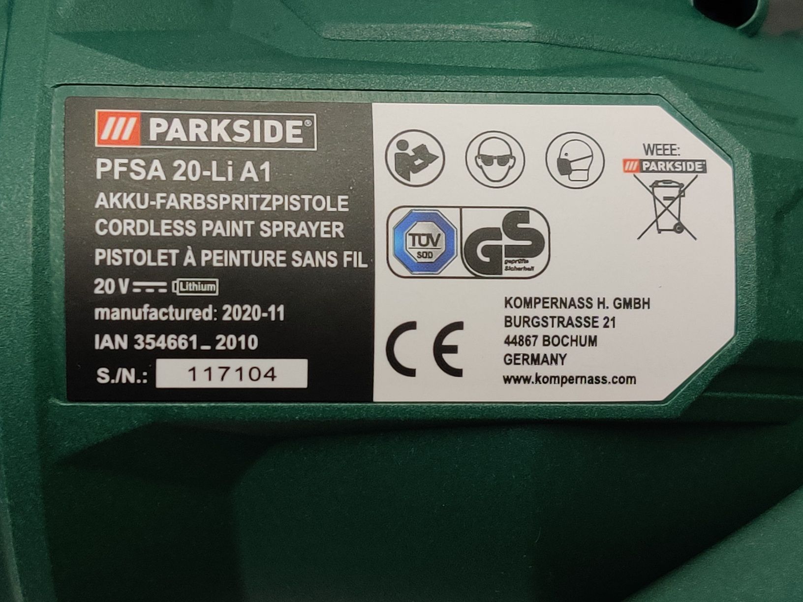 Аккумуляторн краскопульт GERMAN Parkside PFSA 20/пульверизатор/фарбопу
