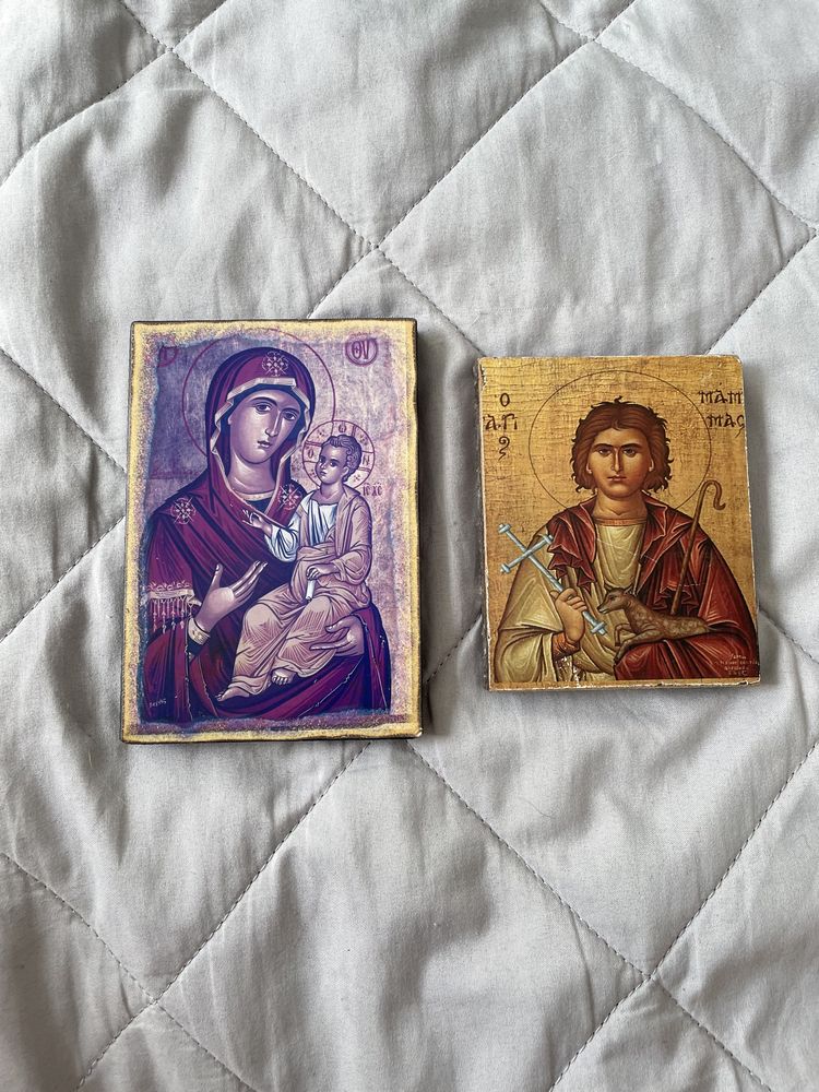 Zestaw 2 ikony obrazy religijne Matka Boska reprodukcja na drewnie