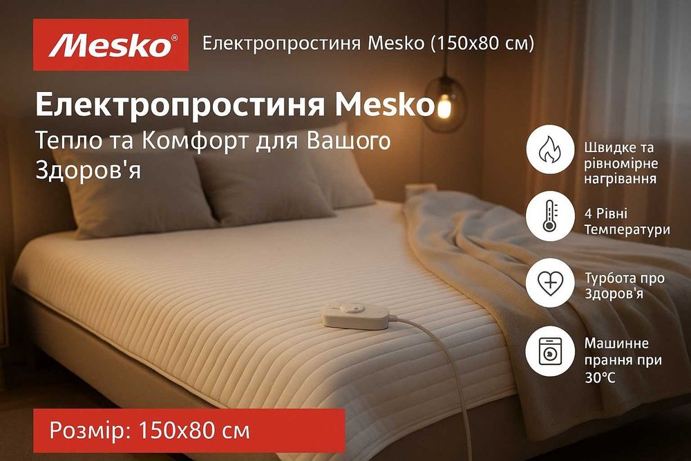 Електрична ковдра Mesko 150x80 60Вт Тепло та лікувальний ефект 4 рівні