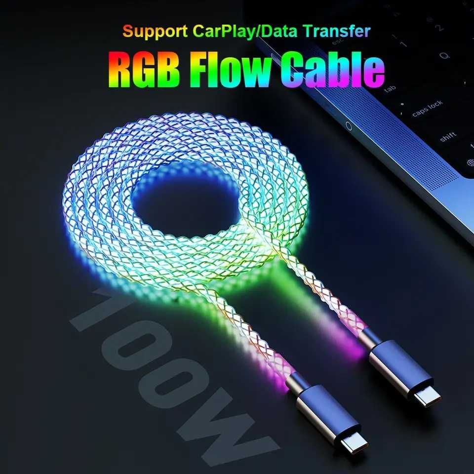 Kabel Ładowania PD typ-C do typu C 6A 100W MAX RGB LED