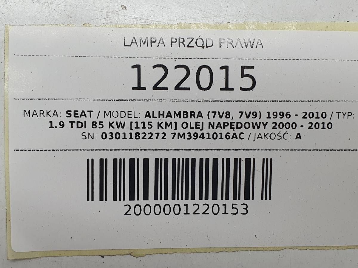LAMPA PRZÓD PRZEDNIA PRAWA XENON SEAT ALHAMBRA I SHARAN EU 7M3941016AC