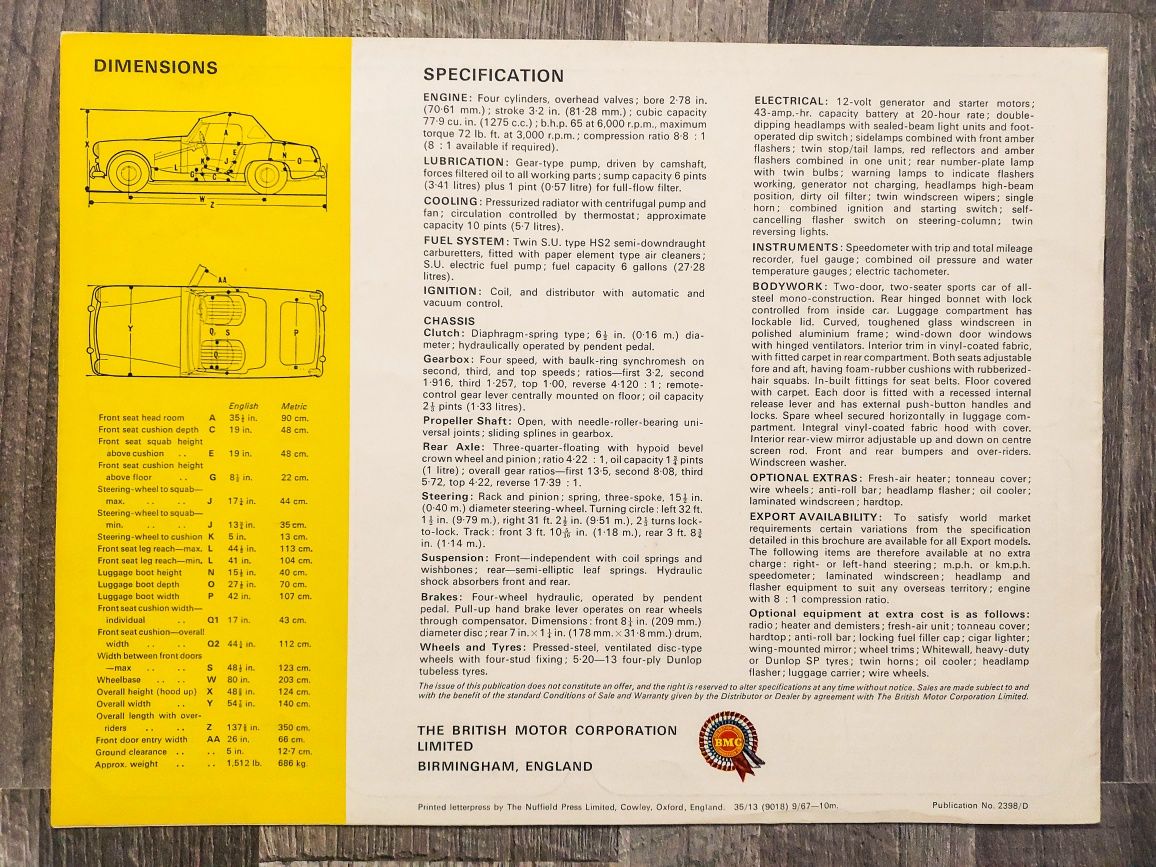 MG Midget Mk III - 1967 r. - folder, prospekt, broszura