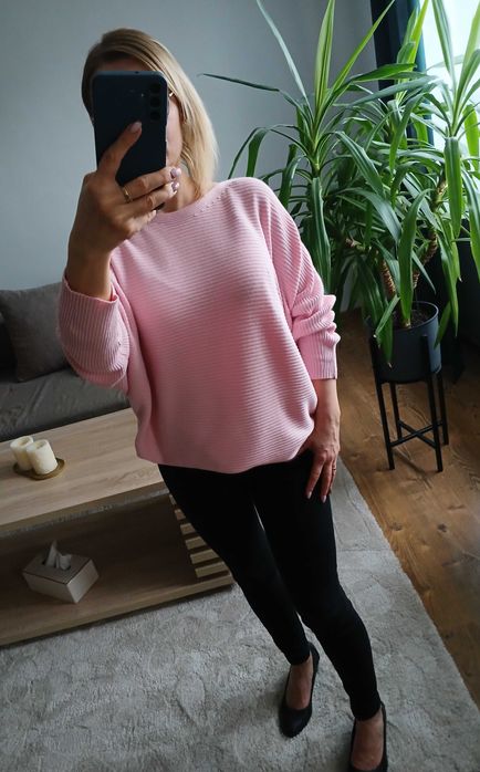 H&M cienki sweter damski, pudrowy róż, casual, rozm.38/M