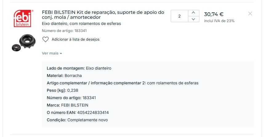 Amortecedor Suporte apoio do conj. Cabeçote do amortecedor -Smart 451