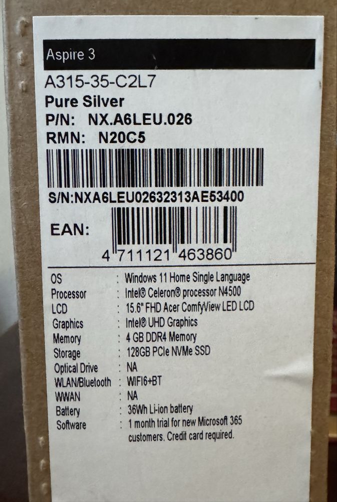 Aspire 3 A315-35-C2L7 Pure Silver