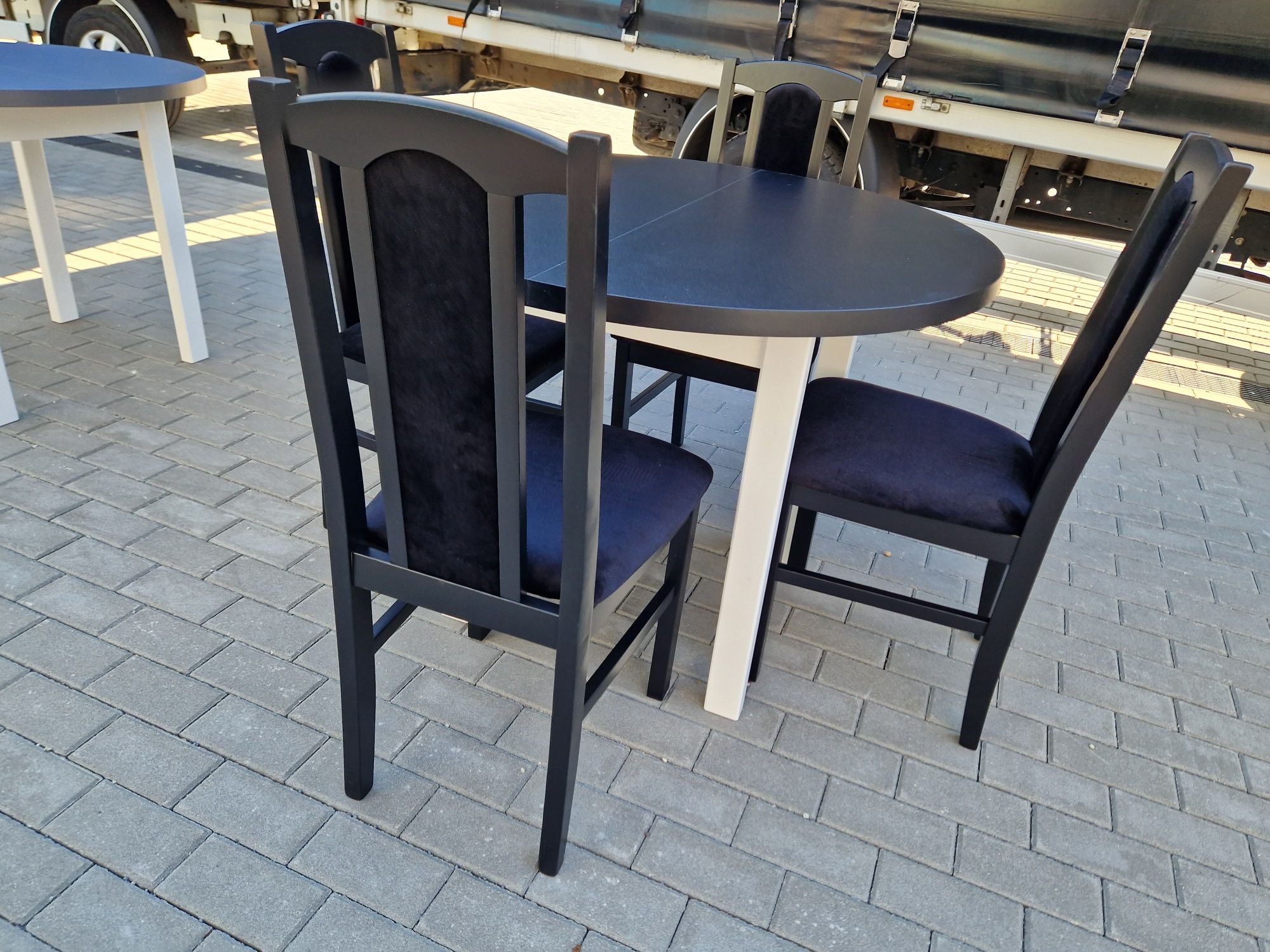 Nowe : Stół okrągły + 4 krzesła, biały/czarny + czarny , dostawa PL