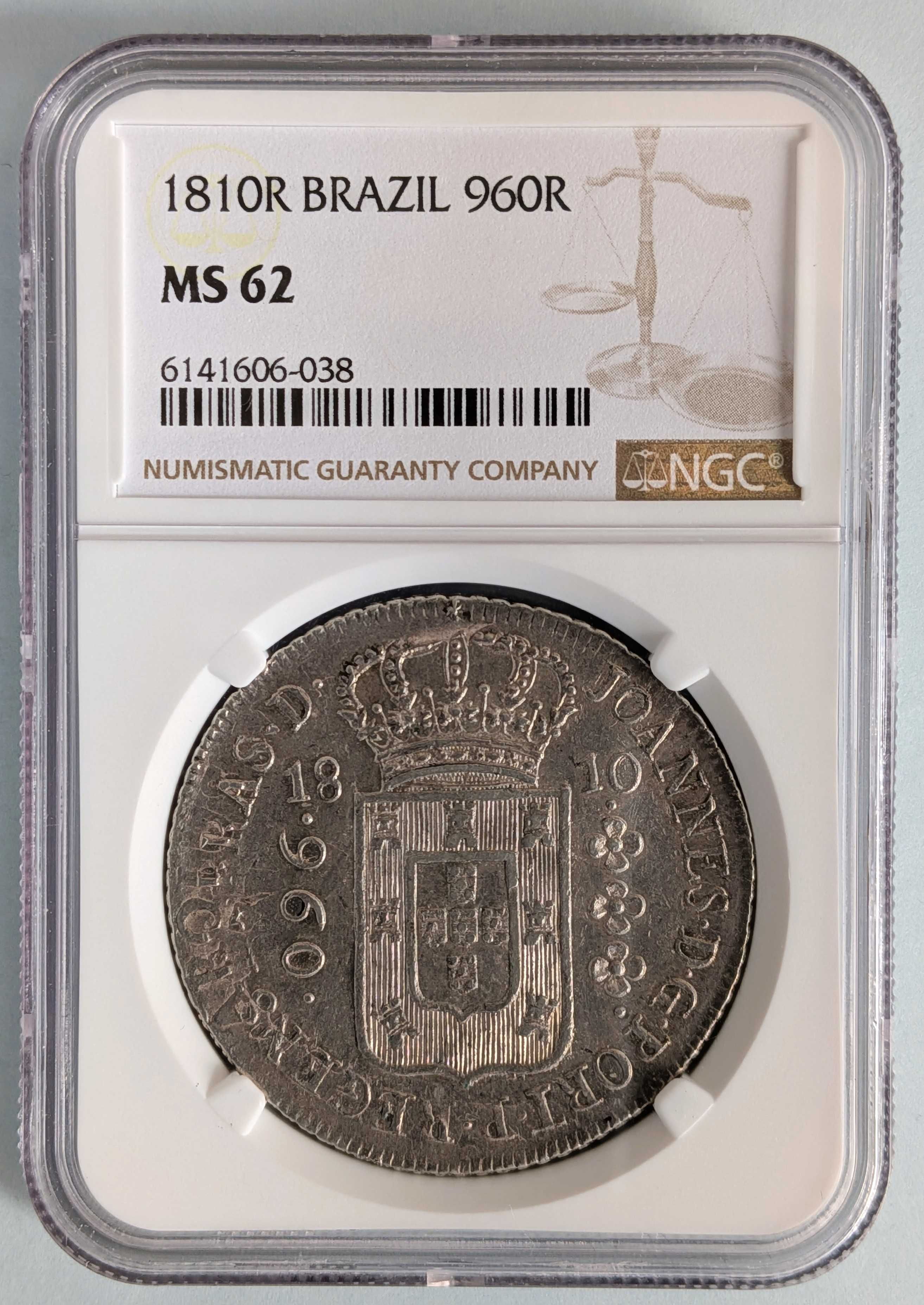 Moeda Prata Brasil 1810 R 960 Réis certificada NGC MS62 (Patacão)