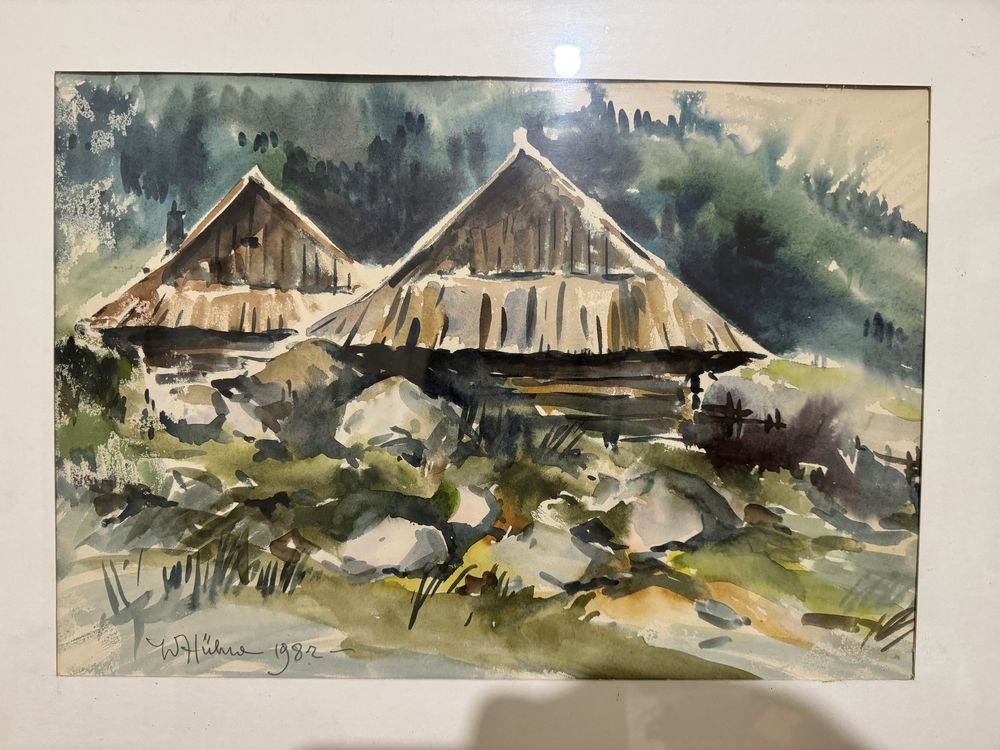 Władysław Hubner pejzaż górski górskie chaty 1982 akwarela