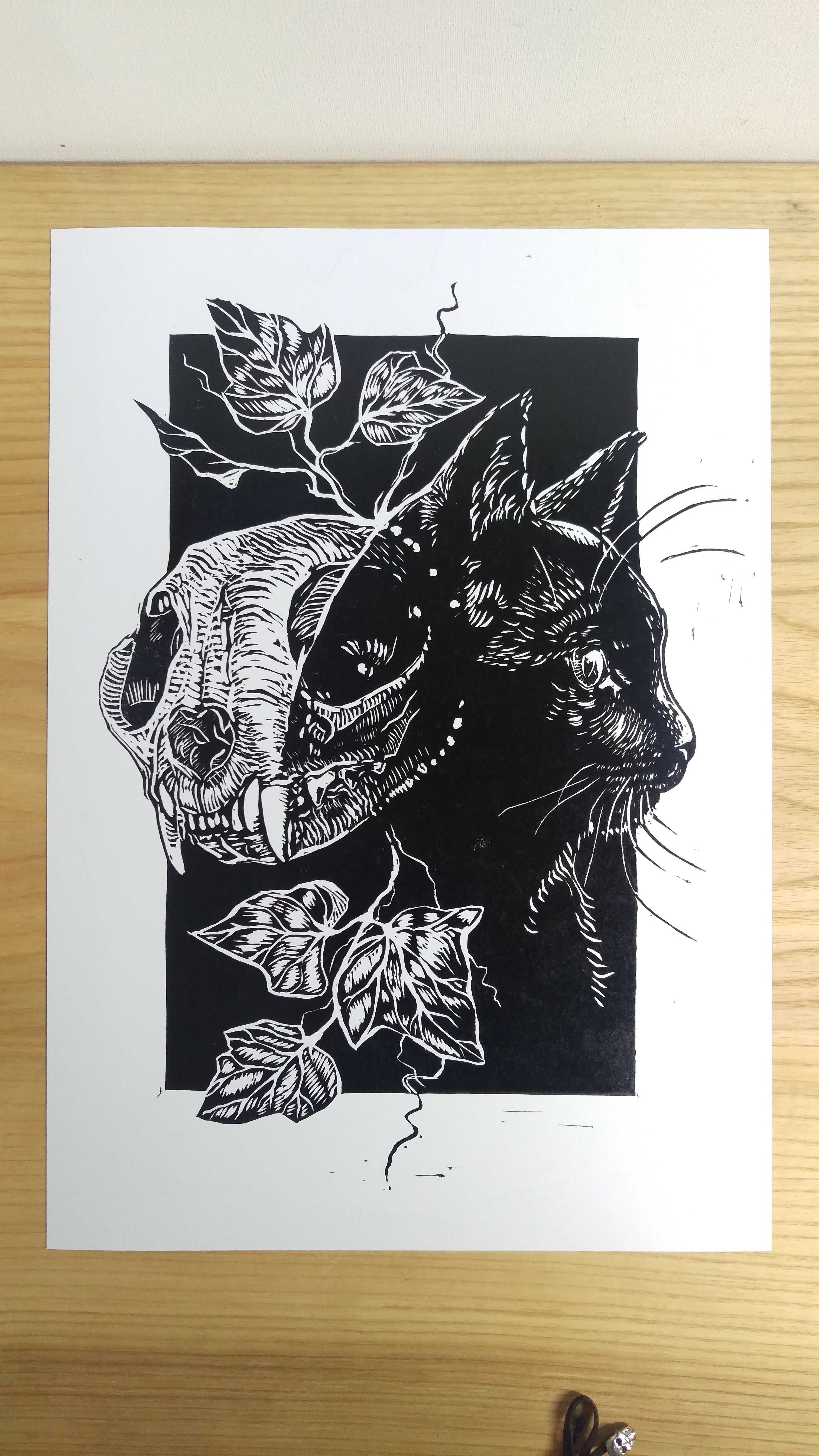Linoryt, grafika, kot i czaszka A4