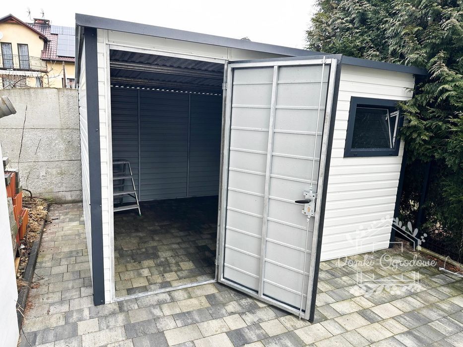 Schowek Domek ogrodowy 3x2 drzwi 2x okno - Biały dach spad w tył ID450