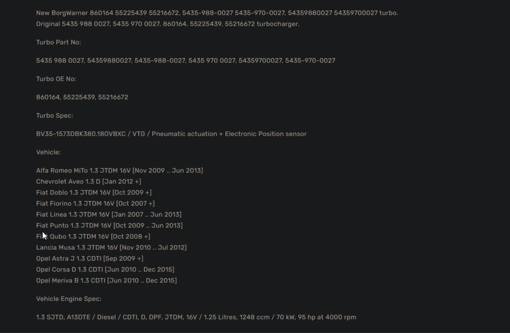 Turbo BorgWarner (1.3 JTDM/ 1.3 CDTI)