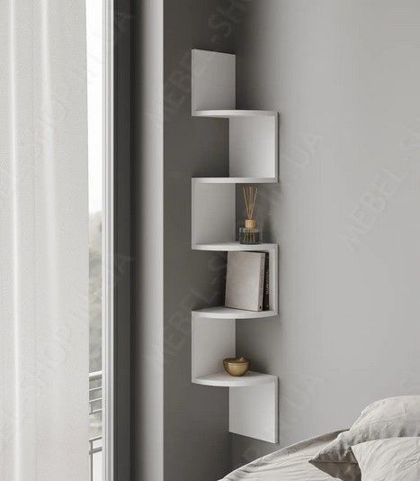 Полиця кутова настінна для книг, сувенірів, навісна, Змійка, біла