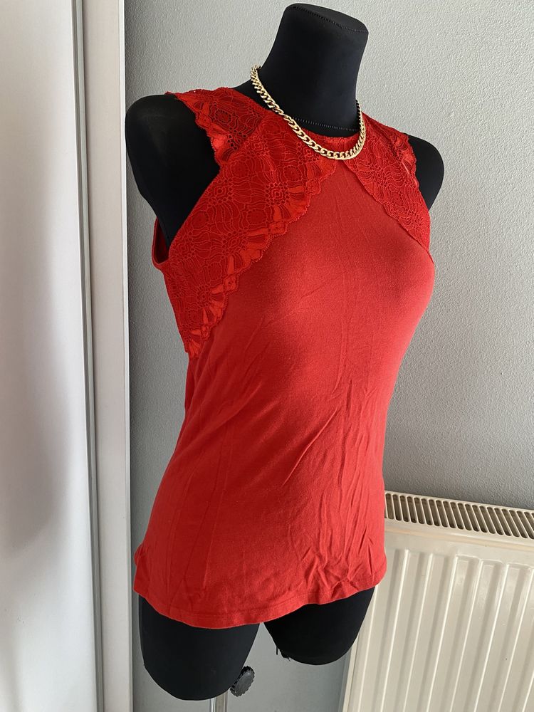 Czerwona bluzka damska z koronką | H&M M 38