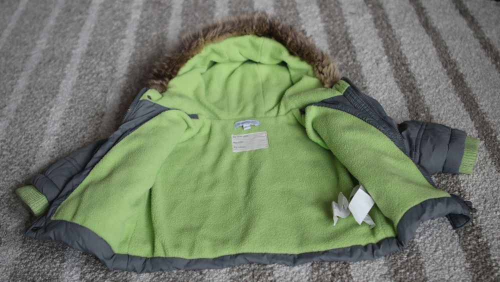 Szara Kurtka na polarku 68 zima, kombinezon, futerko (zara,h&m),)