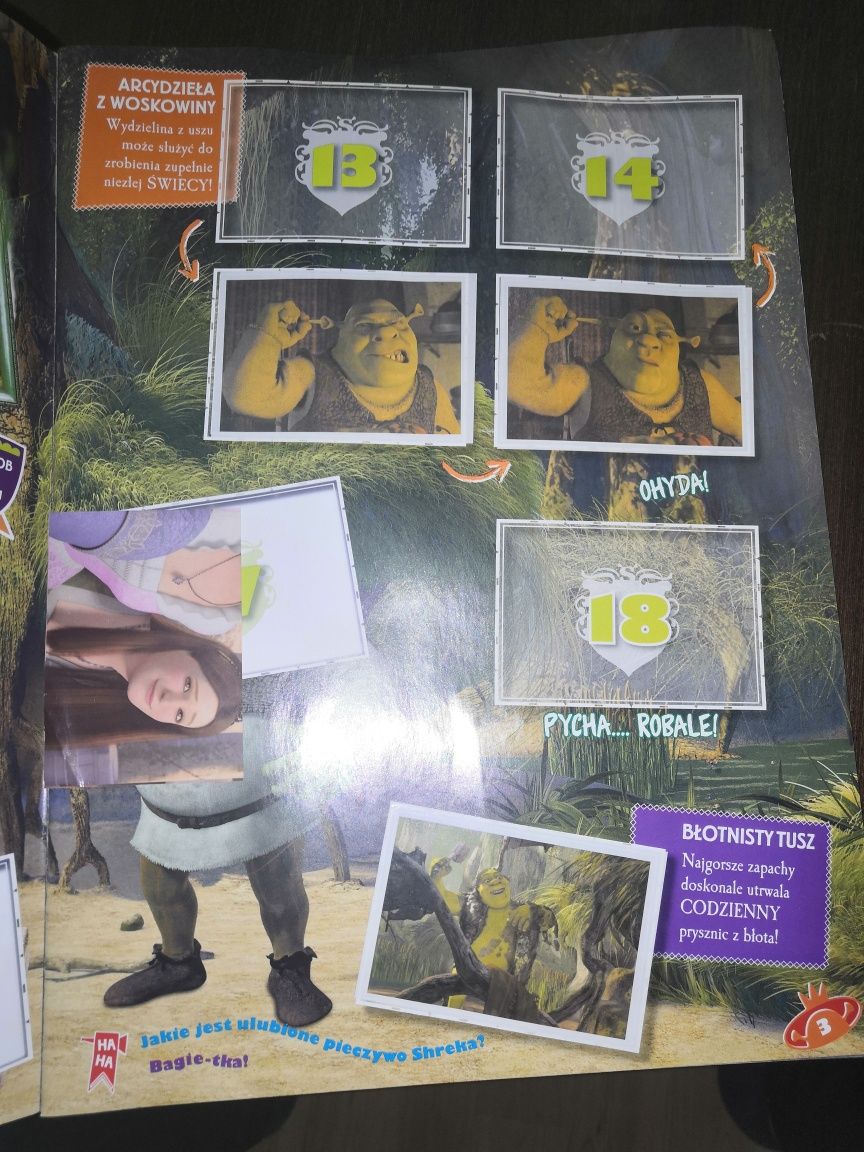 SHREK medaliony amulety, album na naklejki, gazetki