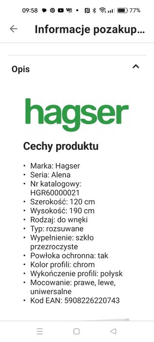 Kabina prysznicowa drzwi przesówne 120 cm
