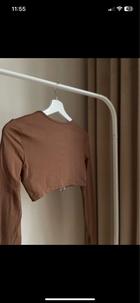 Bluzka Crop top z długim rękawem Shein S ozdobna brązowa festiwal