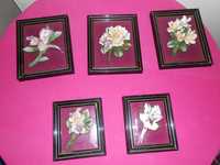 Conjunto de 5 quadros com flores em porcelana.