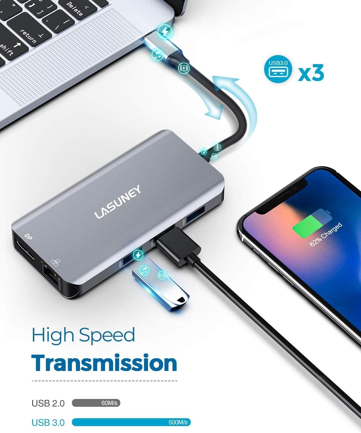 Lasuney usb type c hub 10in1 2 HDMI, DP, для MacBook і не тільки