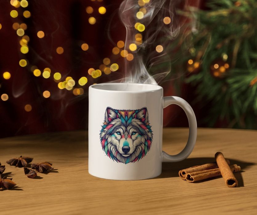 Kolorowy kubek z wilkiem