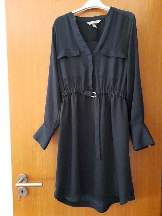 Vestido camiseiro azul-escuro midi de manga comprida