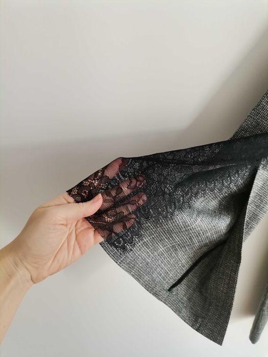 Vestido cinzento brilhante com renda preta, para Natal, Tamanho S